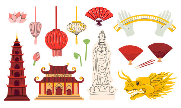 Vietnamese temple and cultural symbol set with lantern, pagoda, dragon head, goddess statue and fan. Flat vector illustration