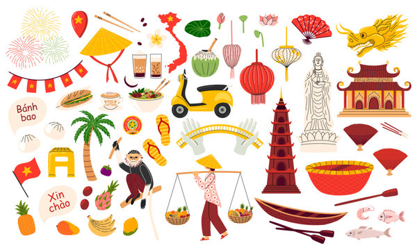 Large Vietnam culture clipart set with landmarks, food, lanterns, dragon, market vendor and tropical elements. Flat vector illustration
