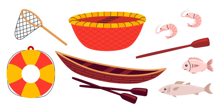 Fishing and boating equipment set with wooden boat, oar, net, basket bowl, lifebuoy and fish. Flat vector illustration