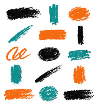 Black teal and orange crayon strokes and scribbles