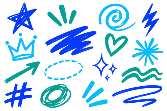 Blue and teal marker doodles star crown heart and arrow