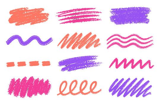 Coral pink and purple crayon strokes and scribbles