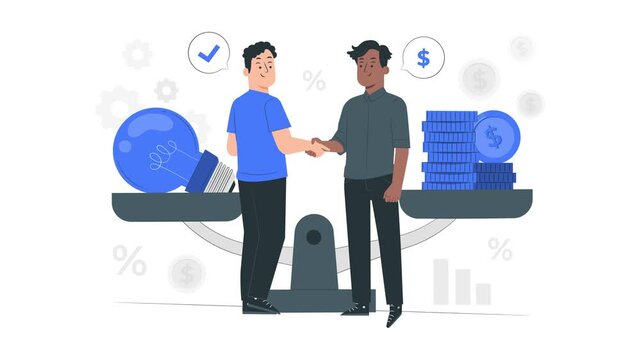 Two Men Shaking Hands on a Scale with Business Symbols Illustration. Paid idea and monetization concept for creativity visuals