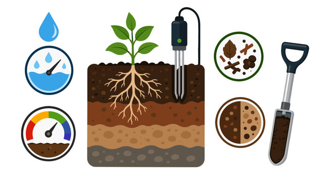 Soil testing icons with soil layers roots and moisture meter