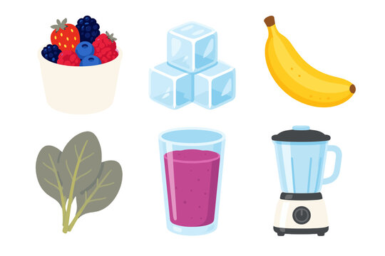 Smoothie ingredients icons with berries banana and blender