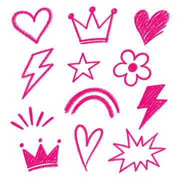 Magenta crayon doodles heart crown lightning and star