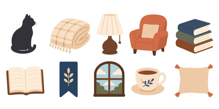Cozy home reading icons with cat books and armchair