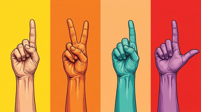 Colorful Pop Art Hands Showing Counting Gestures and Symbols