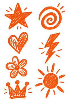 Orange crayon doodles star spiral heart and sun