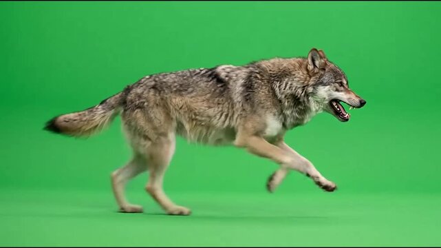 Wolf running fast side view on green screen chroma key background