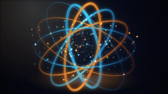 Abstract Atomic Structure Animation with Glowing Orange and Blue Orbital Rings and Floating Particles