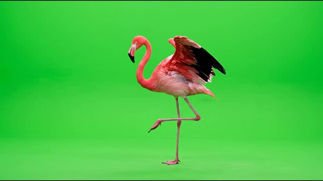 Beautiful pink flamingo standing on green screen background