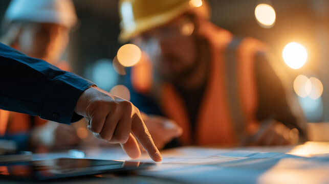 Faceless engineer pointing at a site map during a construction planning meeting, with copy space