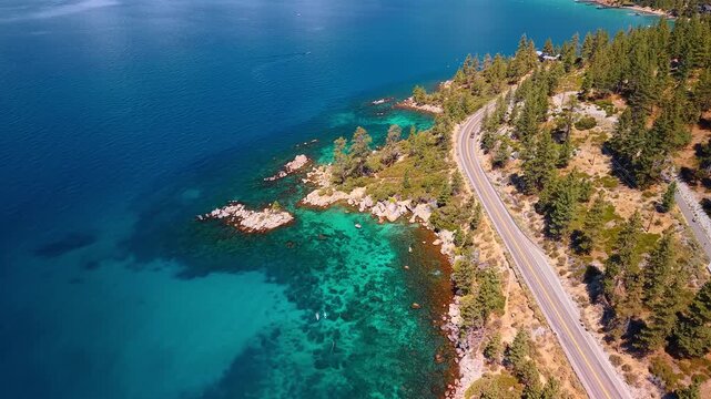 Curving lakeside highway above Lake Tahoe coves. A road traces the shore between trees and exposed boulders, with turquoise shallows turning dark offshore.