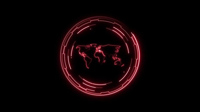World map animation rotates with circular HUD target reticles on dark. Global surveillance tracking coordinates guide this world map. Telemetry runs on the world map animation.