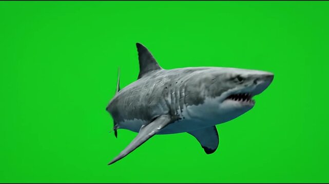 Great White Shark Swimming Isolated on Green Screen Background