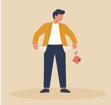 Man showing empty pockets beside a small wallet