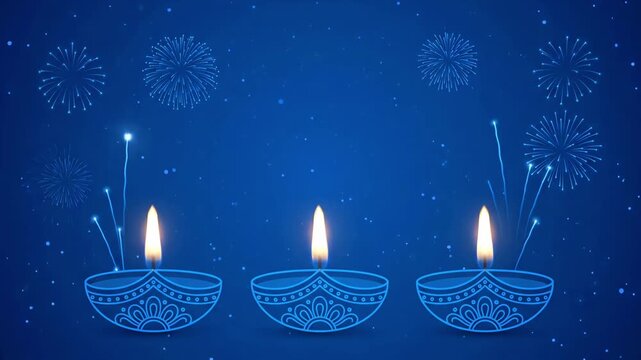 Glowing Diwali diyas and fireworks blue line art animated video background loop for Deepavali celebrations
