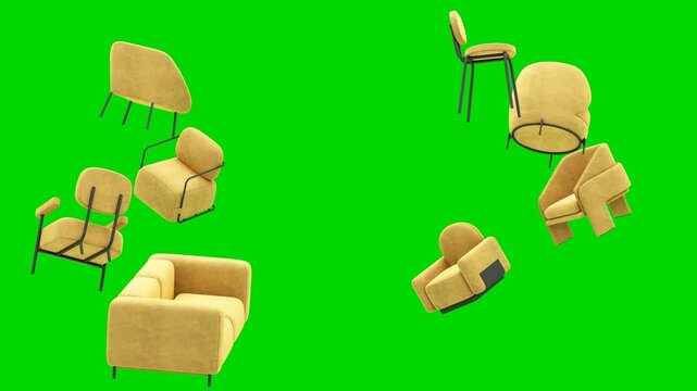 Various yellow furniture including chairs, armchairs and sofa rotating in a seamless loop on green screen background, chroma key 3D rendering animation in 4K looping video.