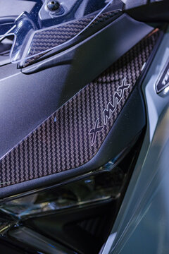 XMAX model script on the carbon panel of a Yamaha XMAX maxi scooter