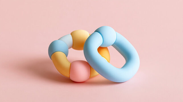 Modern silicone baby teether toy in pastel tones, soft textured sensory chew toy for infants, with copy space