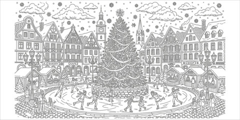Obraz premium A detailed black and white line art illustration featuring a festive christmas tree in a european town square