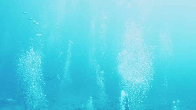 Scuba diver air bubbles rising toward the bright blue water surface with sunligh