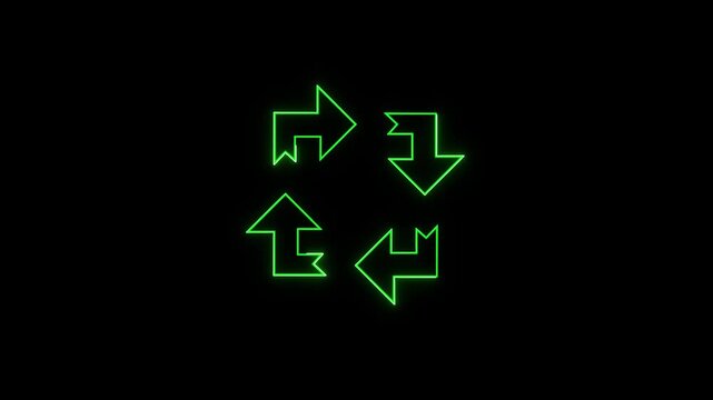 Cycle arrows animation rotates in a square formation on dark space. Continuous system process reload telemetry routes on cycle arrows. Workflow synchronization uses arrows.