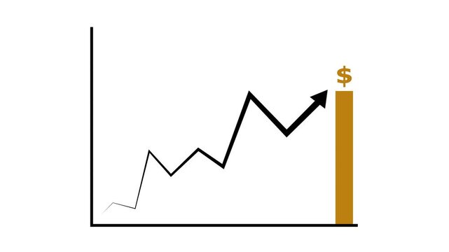 Line graph animation displays an upward rising arrow and dollar mark. Corporate business financial revenue success tracks on line graph. Investment growth drives line graph.