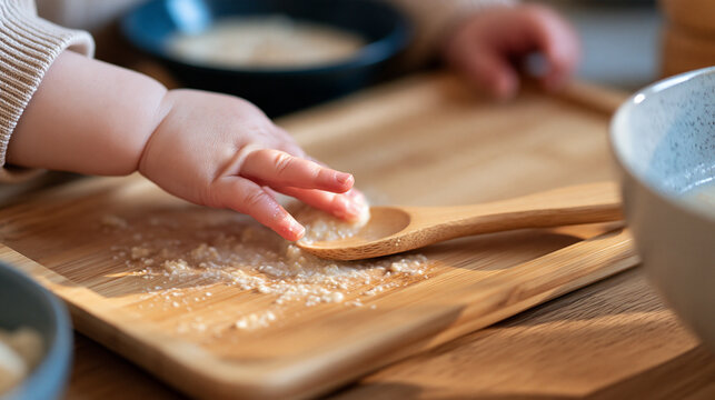 Faceless baby's hand squishing porridge on a wooden tray, playful sensory feeding exploration concept, with copy space