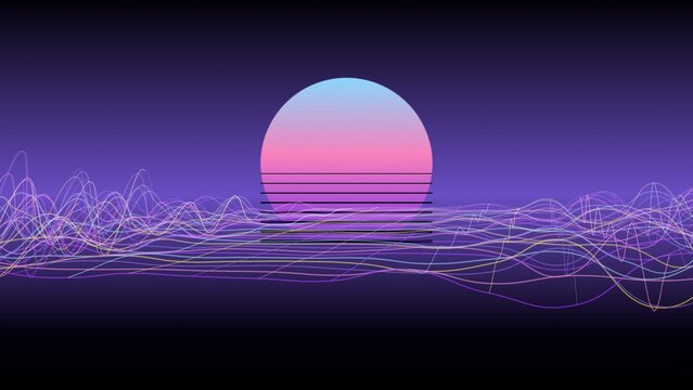 Retro Synthwave Landscape with Glowing Neon Sun and Cyberpunk Wireframe Waves on Dark Purple Background