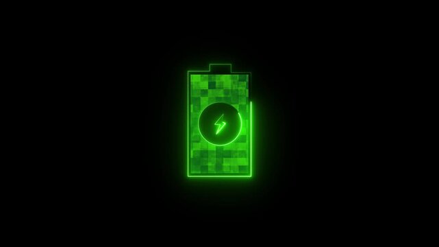 Battery outline animation displays an active electrical lightning bolt. Device power storage capacity telemetry monitors on battery outline. Charging updates on battery outline.