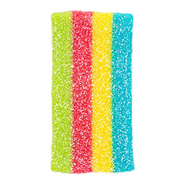 Sour gummy candy bar with colorful stripes, isolated on black background