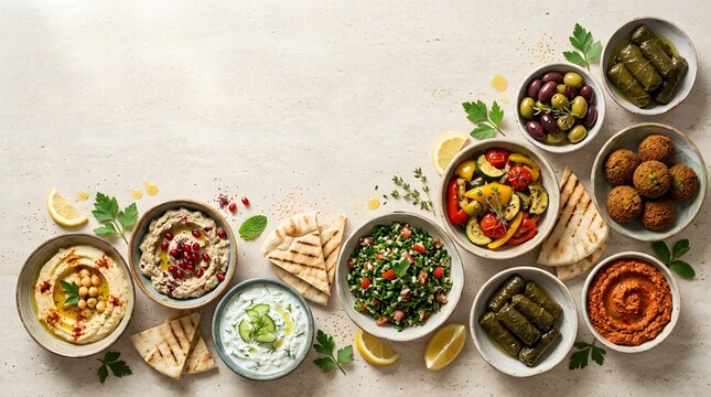 Top view of a mediterranean mezze table background featuring assorted bowls of hummus falafel olives and fresh pita bread snacks