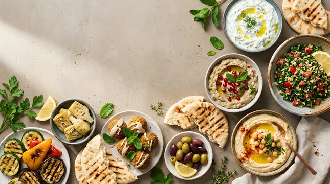 Top view of a mediterranean mezze table background featuring various delicious small plates dips pita bread and fresh herbs