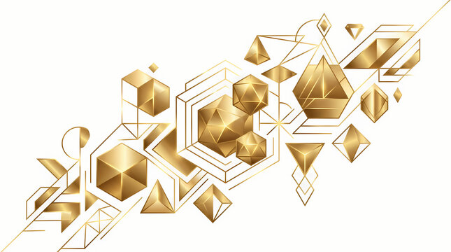 Luxury Abstract Gold Geometric Composition with Metallic 3D Shapes on White
