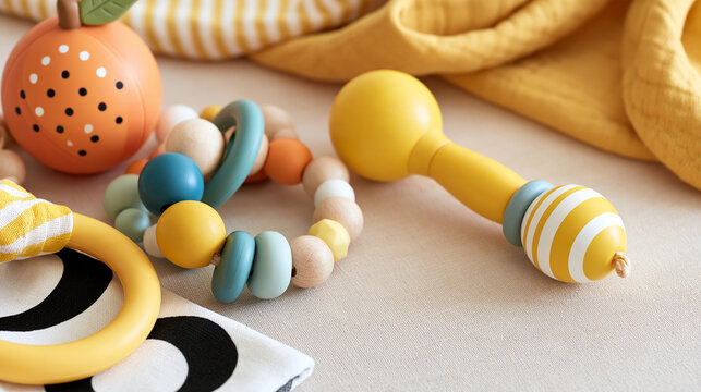 Assortment of newborn baby sensory toys including a fruit-shaped teether, a multi-textured beaded ring, a yellow rattle and a high-contrast fabric toy displayed on a soft mat,