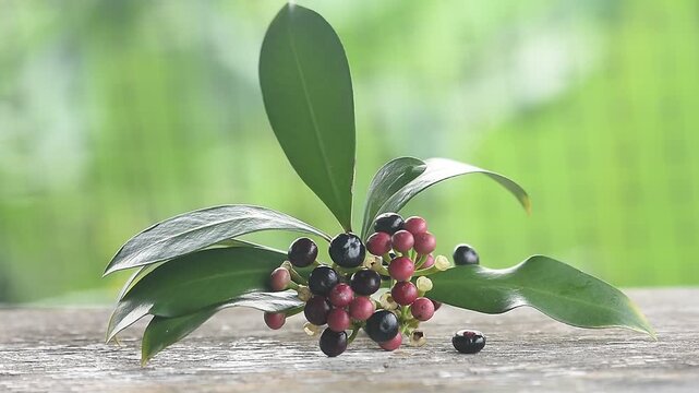 Ardisia polycephala branch fruits and green leaves on natural background.