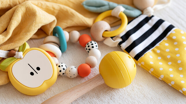 Assortment of newborn baby sensory toys including a fruit-shaped teether, a multi-textured beaded ring, a yellow rattle and a high-contrast fabric toy displayed on a soft mat,