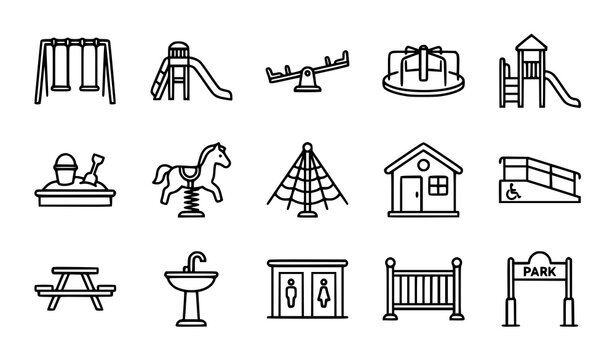 Playground Equipment Linear Icon Set with Swing Slide Sandbox Seesaw and Accessible Park Facilities