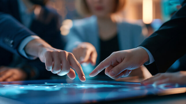 Faceless space mission control team reviewing a trajectory map on a table display, planning a launch sequence, with copy space