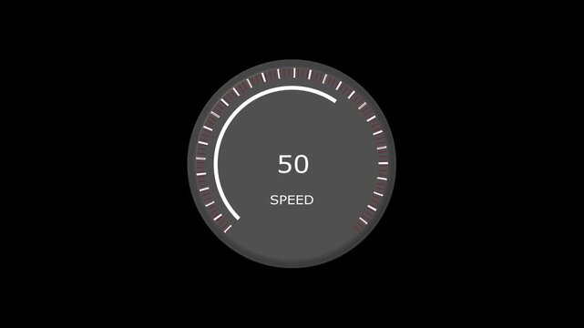 Speedometer dial animation displays velocity markings on a dark gauge. Automotive acceleration telemetry tracks on speedometer dial animation. Velocity drives the dial.