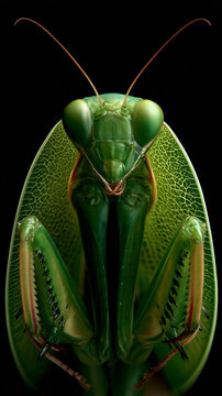 green praying mantis portrait isolated on black background, symmetrical green praying mantis head and front legs on black, exotic praying mantis insect portrait with antennae on black background