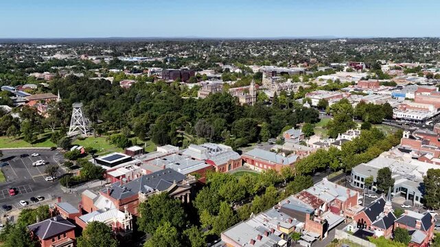 Bendigo city downtown architecture main Midland highway aerial view over park.