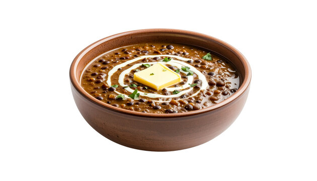 A bowl of creamy dal makhani with slow cooked black lentils, a swirl of cream and a pat of butter melting on top, isolated on transparent background