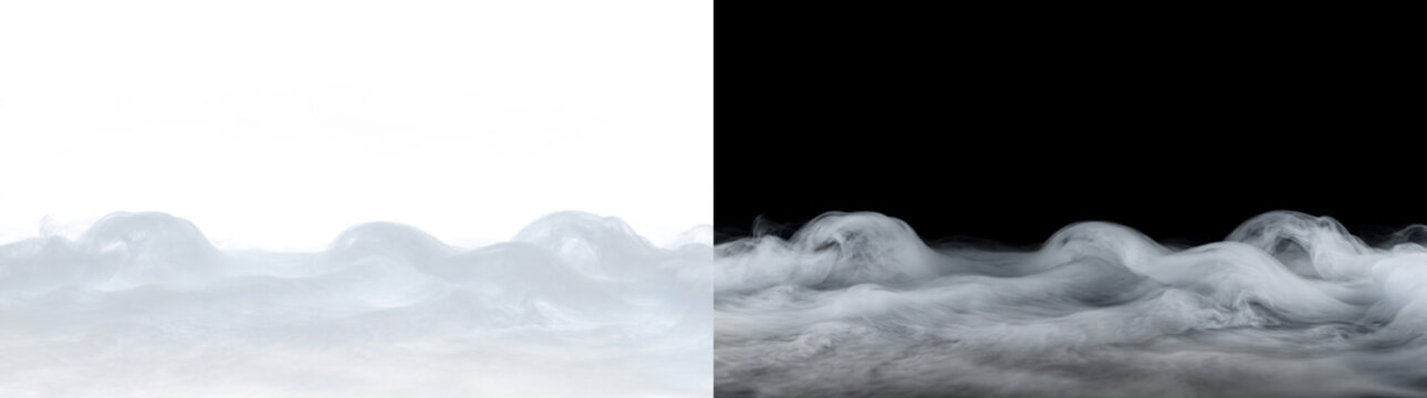 Repeating smoke swells rolling in a rhythmic sequence of rounded peaks across the ground, for ambient loops, in PNG Transparent and Black Background Versions