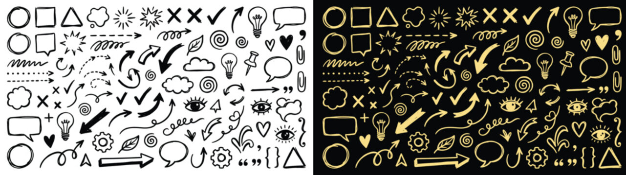 Handdrawn doodle elements set with arrows, speech bubbles, and icons