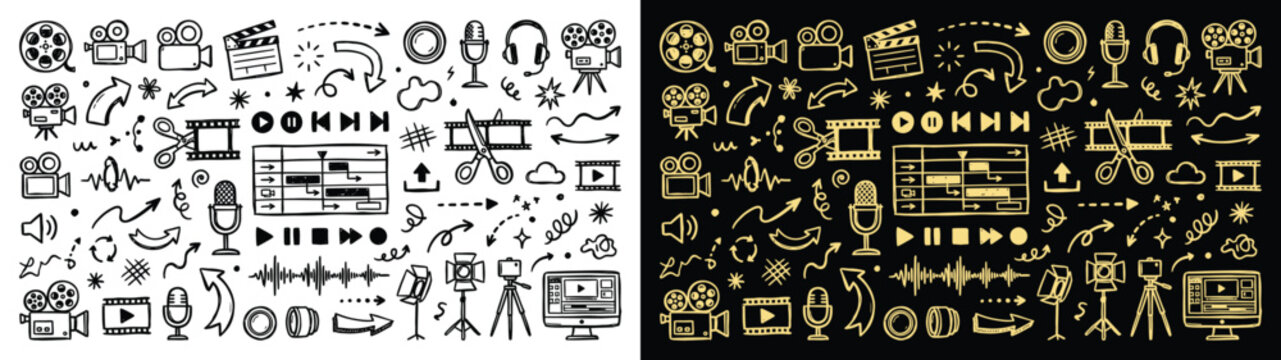 Handdrawn video production and filmmaking doodle icons set