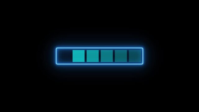 Loading bar animation displays sequential data progress squares on dark. Digital software buffering telemetry updates on loading bar animation. Verification runs on loading bar.