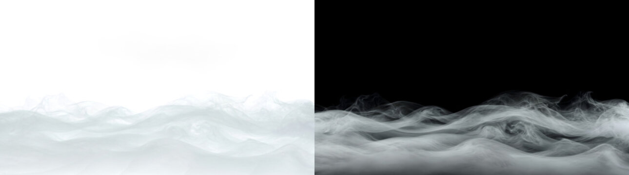 Rolling smoke hills undulating across the horizon with a soft vortex swirl near center, for landscape overlays, in PNG Transparent and Black Background Versions